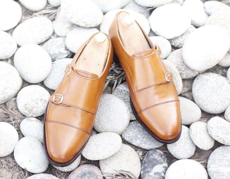 New Stylish Handmade Men's Leather Tan Color Double Monk Strap Shoes, Men Dress Formal Cap Toe Shoes