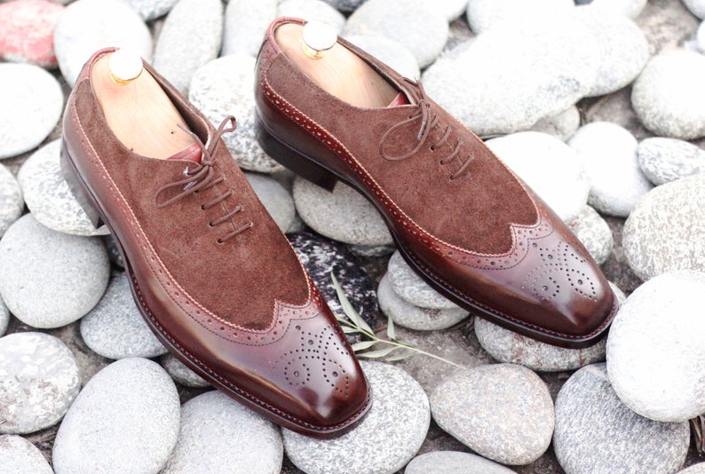 Beautiful Handmade Men’s Leather Suede Brown Color Shoes, Mens Designer Wing Tip Broge Fancy Shoes