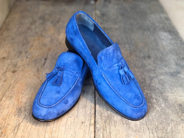 Handmade Men's Blue Suede Tassel Loafer, Men Dress Formal Shoes