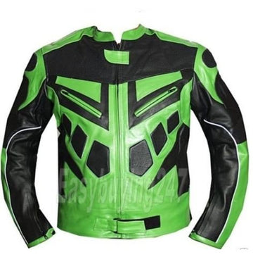 New Stylish Black & Green Color Racing Motorcycle Armour Leather Jacket For Men