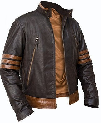 X-Men Origins Wolverine Black & Brown Leather Jacket, Men's Leather Jacket