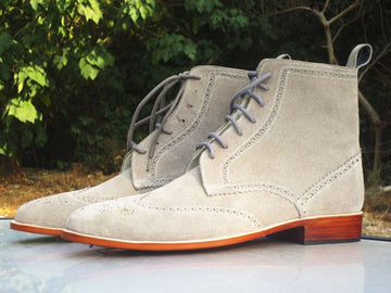 New Handmade Men’s Ankle High Suede Lace Up Boots, Men’s Gray Color Wing Tip Brogue Boots