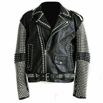 Beautiful Mens Black Punk Silver Spiked Studded Real Leather Fashion Jacket