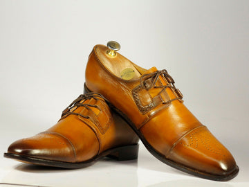 New Handmade Men's Tan Cap Toe Brogue Leather Lace Up Shoes, Men Designer Dress Formal Shoes