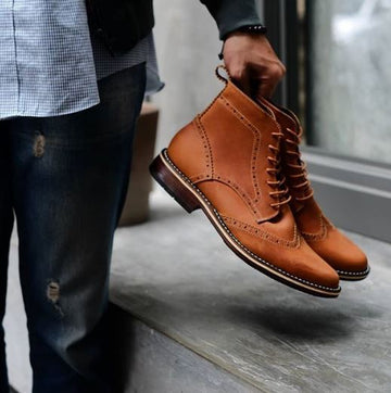 New Stylish Men's Handmade Tan Color Ankle High Leather Lace Up Boots