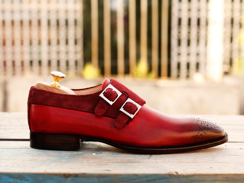 Pure Leather & Suede Burgundy Color Double Monk Strap Brogue Toe Shoes, Men Dress Formal Shoes