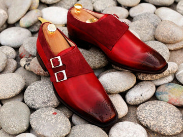 Pure Leather & Suede Burgundy Color Double Monk Strap Brogue Toe Shoes, Men Dress Formal Shoes