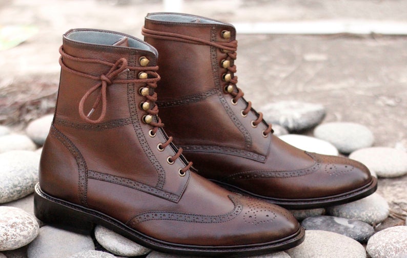 Beautiful Handmade Brown Brogue Wing Tip Boots, Men’s Ankle High Lace Up Designer Boot