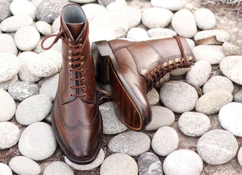 Beautiful Handmade Brown Brogue Wing Tip Boots, Men’s Ankle High Lace Up Designer Boot