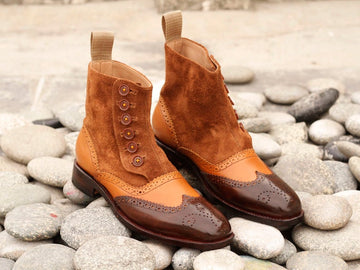 New Stylish Handmade Men's Multi Shade Brown Leather Suede Wing Tip Brogue Button Boots, Men Ankle Boots, Men Fashion Boots