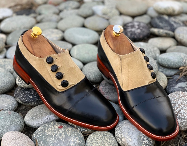 Mens Awesome Black & Beige Leather Suede Shoes, Men’s Cap Toe Fashion Button Shoes