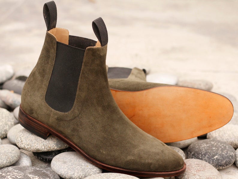 Mens Designer Handmade Brown Suede Ankle High Boots, Mens Chelsea Fashion Boots