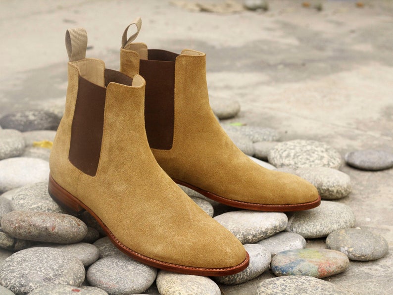 Handmade Mens Beige Color Chelsea Boots, Beautiful Men’s Ankle Suede Brown Boots