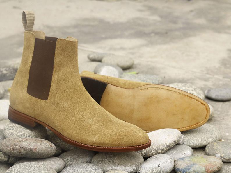 Handmade Mens Beige Color Chelsea Boots, Beautiful Men’s Ankle Suede Brown Boots