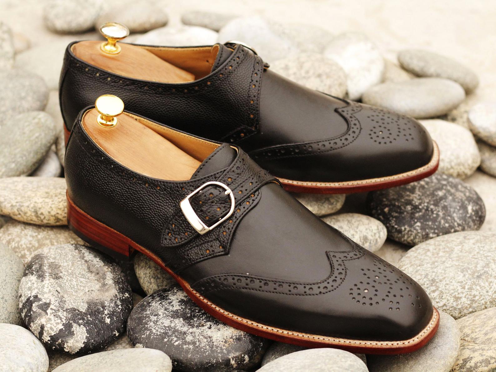 Beautiful Handmade Men’s Black Color Wing Tip Brogue Formal Shoes, Mens Monk Strap Dress Formal Style Shoes