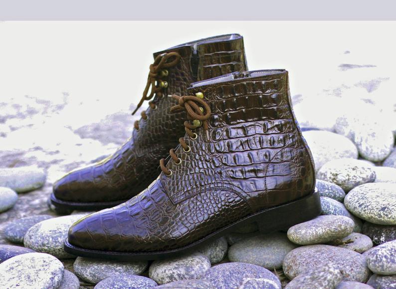 Beautiful Handmade Mens Formal Designer Alligator Texture Leather Boots, Men’s Fashion Ankle High Lace Up Boots