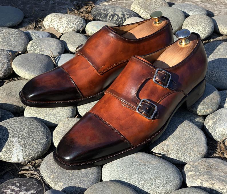 Men’s Handmade Double Monk Strap Brown Color Leather Shoes, Mens Designer Beautiful Shoes