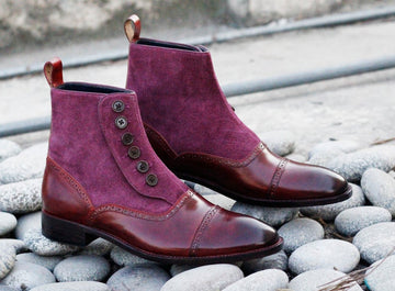 Handmade Men’s Burgundy Color Leather Suede Designer Cap Toe Boots, Mens Stylish Button Boots