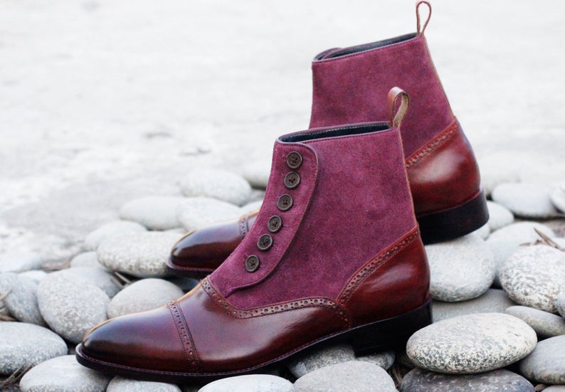 Handmade Men’s Burgundy Color Leather Suede Designer Cap Toe Boots, Mens Stylish Button Boots