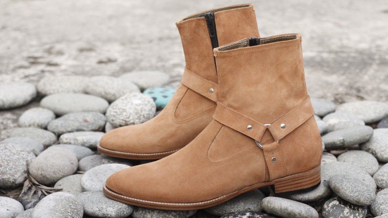 Men's Tan Suede Designer Zipper Boots, Men Fashion Ankle Boots