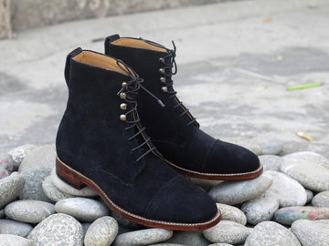 Men’s Handmade Black Color Suede Ankle High Boots, Mens Lace Up Black Boots