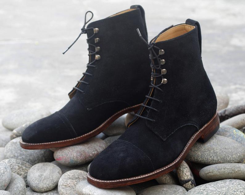 Men’s Handmade Black Color Suede Ankle High Boots, Mens Lace Up Black Boots