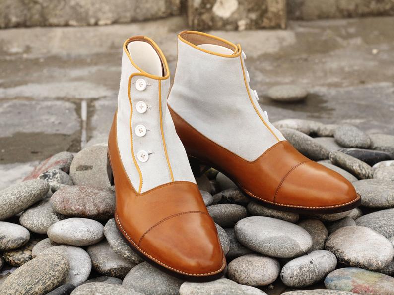 Handmade Beautiful Mens Two Tone Leather Suede Shoes, Men’s Tan White Designer Cap Toe Button Boots