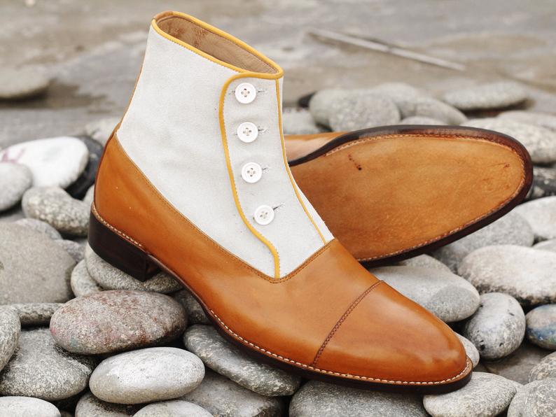 Handmade Beautiful Mens Two Tone Leather Suede Shoes, Men’s Tan White Designer Cap Toe Button Boots