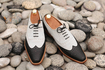 Mens Handmade Black White Brogue Wingtip Shoes, Men's Formal Brogue Dress Formal Shoes