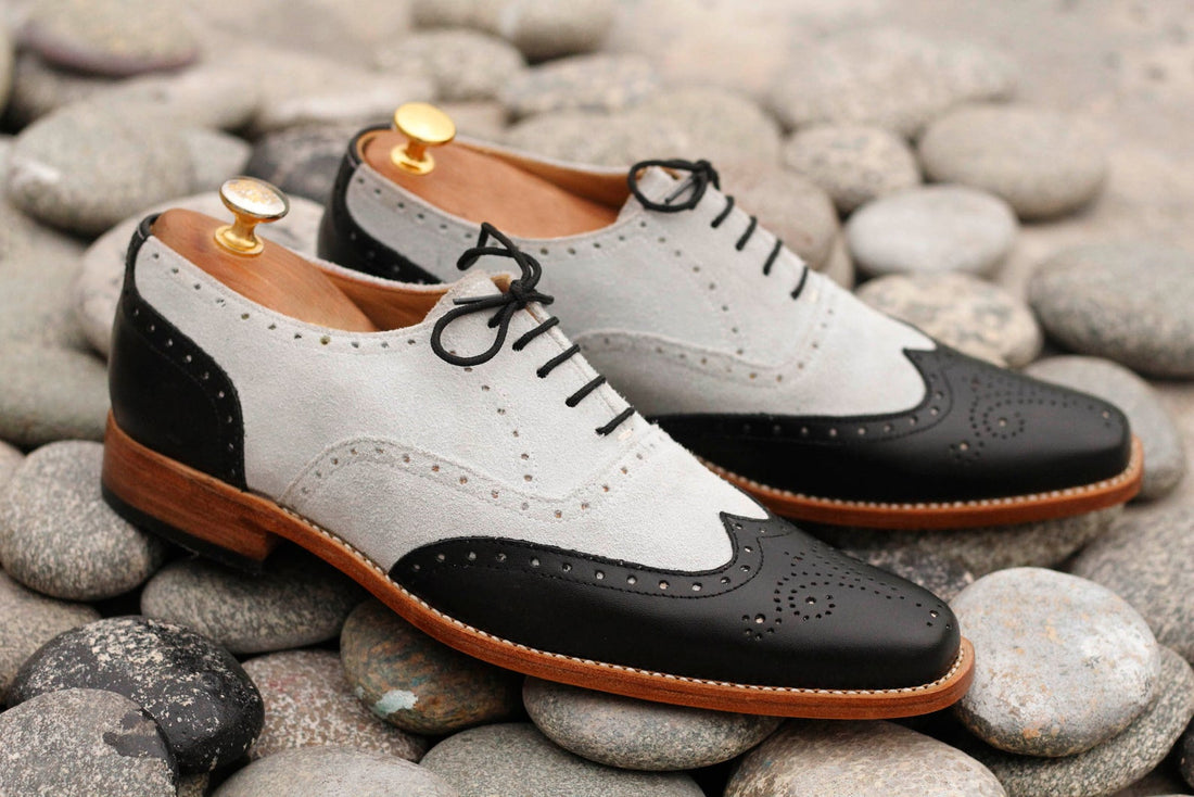 Mens Handmade Black White Brogue Wingtip Shoes, Men's Formal Brogue Dress Formal Shoes