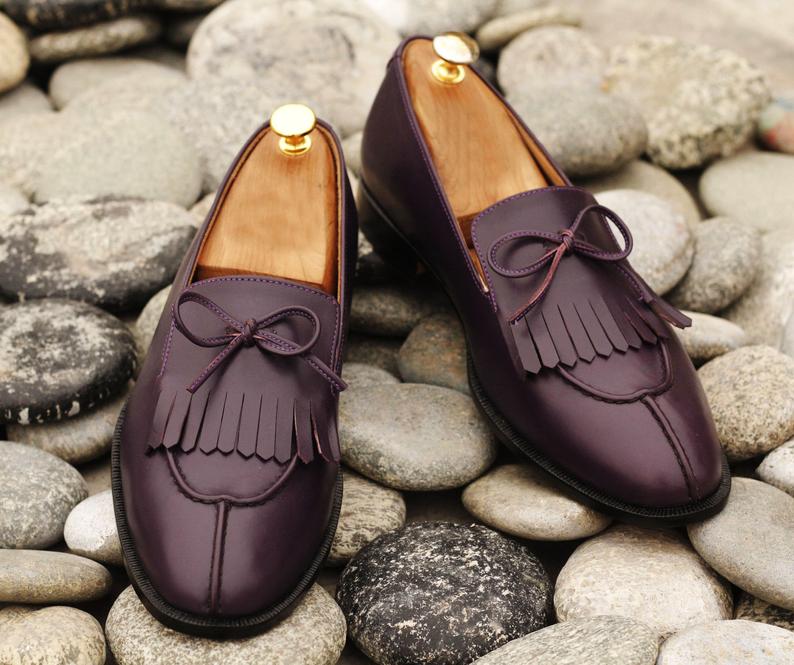 New Latest Handmade Men's Purple Leather Fringes &amp; Tussle Loafers, Men Split Toe Dress Formal Shoes