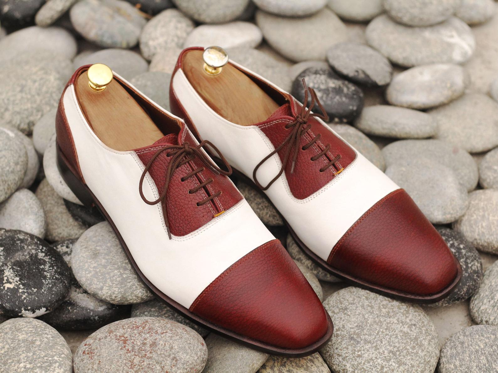 Mens Handmade Designer Two Tone Leather Lace Up Shoes, Men’s Burgundy White Leather Shoes