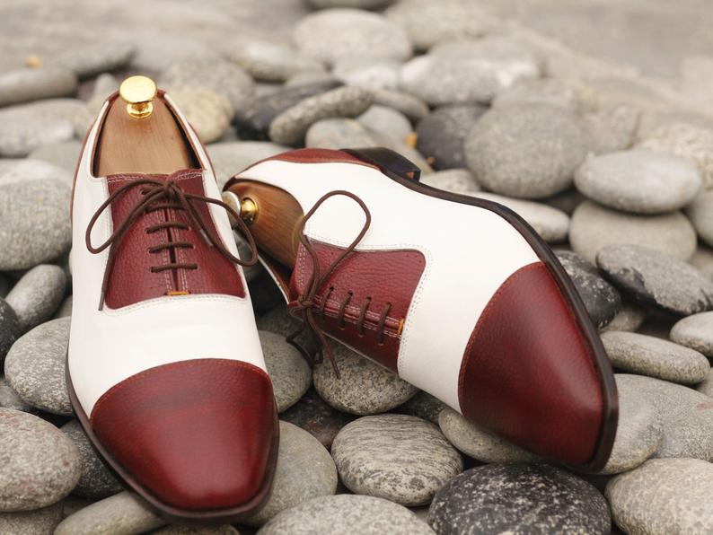 Mens Handmade Designer Two Tone Leather Lace Up Shoes, Men’s Burgundy White Leather Shoes