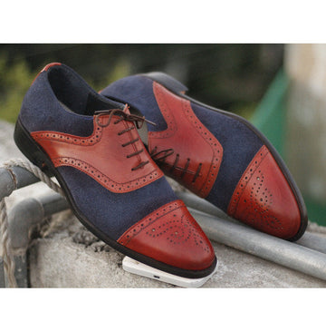 Stylish Handmade Men’s Two Tone Leather Suede Brogue Toe Shoes, Mens Navy &amp; Burgundy Lace Up Shoes