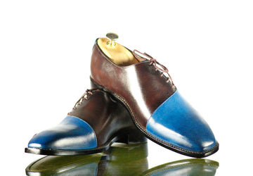 Men’s Stylish Blue Brown Color Side Lace Up Leather Shoes, Mens Designer Two Tone Shoes