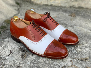 Tan White Leather Cap Toe Lace Up Shoes, Men Dress Formal Shoes