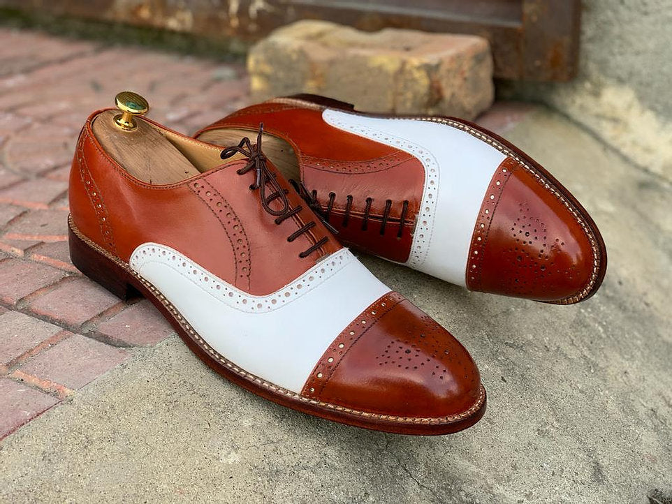 Tan White Leather Cap Toe Lace Up Shoes, Men Dress Formal Shoes