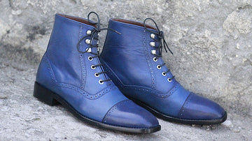 Handmade Men’s Cap Toe Blue Leather Boots, Mens Awesome Ankle High Boots, Men Lace up Boots