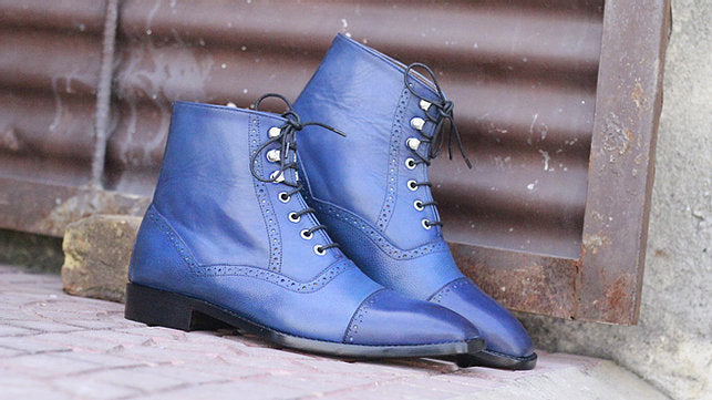 Handmade Men’s Cap Toe Blue Leather Boots, Mens Awesome Ankle High Boots, Men Lace up Boots