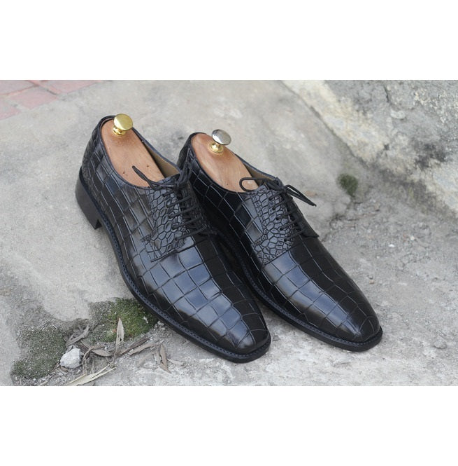 Men Handmade Black Color Alligator Leather Shoes, Men’s Formal Dress Black Color Lace Up Shoes, Mens Wedding Shoes