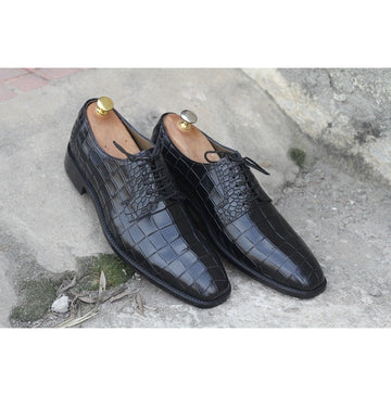 Men Handmade Black Color Alligator Leather Shoes, Men’s Formal Dress Black Color Lace Up Shoes, Mens Wedding Shoes