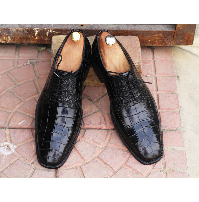 Men Handmade Black Color Alligator Leather Shoes, Men’s Formal Dress Black Color Lace Up Shoes, Mens Wedding Shoes