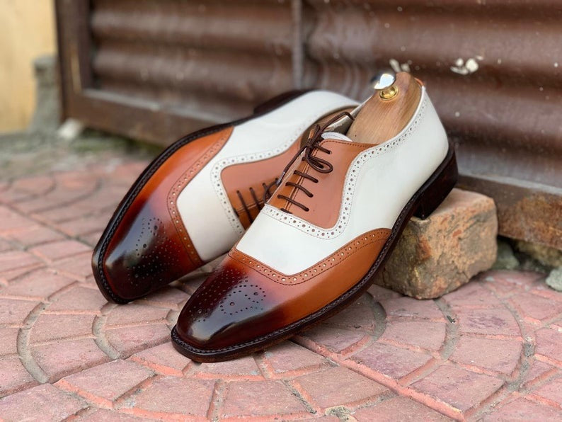 White Brown Leather Brogue Shoes, Men Dress Formal Lace Up Shoes