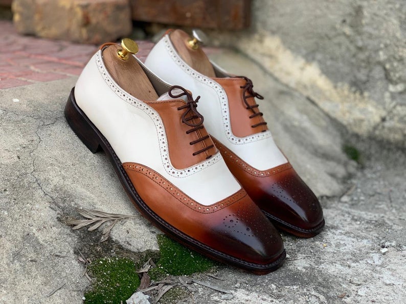 White Brown Leather Brogue Shoes, Men Dress Formal Lace Up Shoes