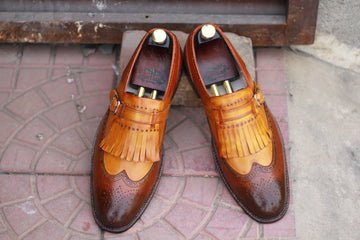 Two Tone Tan Brown Leather Wing Tip Brogue Shoes, Men Dress Formal Fringes Monk Strap Shoes