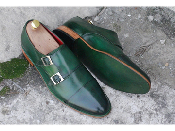 Mens Handmade Green Color Leather Cap Toe Shoes, Men’s Stylish Double Monk Strap Shoes