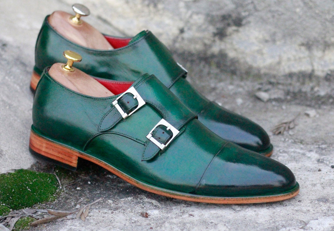 Mens Handmade Green Color Leather Cap Toe Shoes, Men’s Stylish Double Monk Strap Shoes