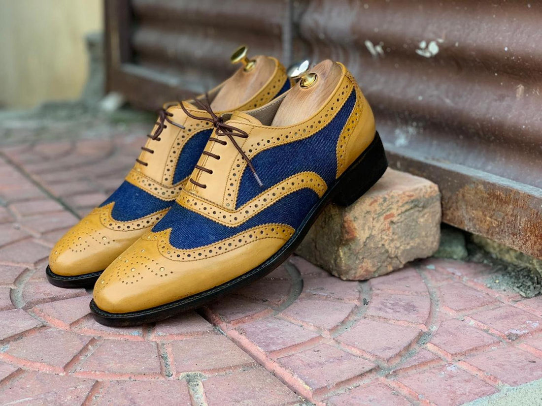 Mens Handmade Two Tone Leather Denim Brogue Shoes, Men’s Tan Blue Wingtip Dress Shoes