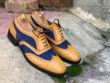 Mens Handmade Two Tone Leather Denim Brogue Shoes, Men’s Tan Blue Wingtip Dress Shoes