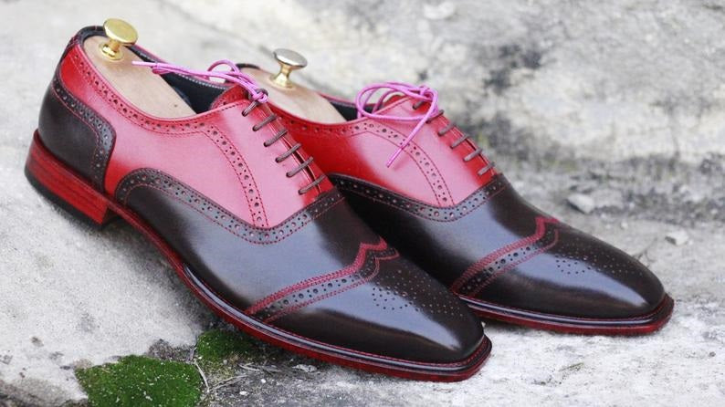 Men’s Handmade Brown Red Brogue Wingtip Shoes, Mens Awesome Formal Lace Up Designer Shoes